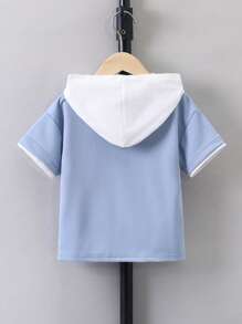 SHEIN 小男童字母貼布袋鼠口袋連帽T恤 - 藍白色 - 查看 2