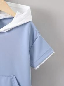 SHEIN 小男童字母貼布袋鼠口袋連帽T恤 - 藍白色 - 查看 4