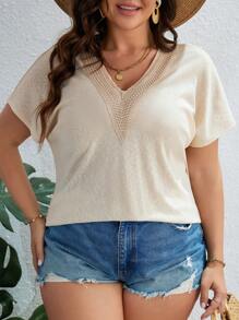 SHEIN LUNE Plus Contrast Guipure Lace Dolman Sleeve Tee - Apricot - View 3