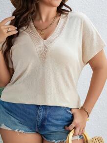 SHEIN LUNE Plus Contrast Guipure Lace Dolman Sleeve Tee - Apricot - View 4