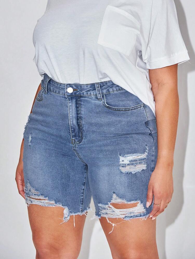 Plus Size Ripped Raw Hem Denim Shorts Mom Shorts Spring Outfits For Women Festival Outfits Elegant Casual Biker Shorts