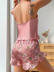 印花木耳邊緞面吊帶背心和短褲睡衣套裝 - 粉色 - 查看 2