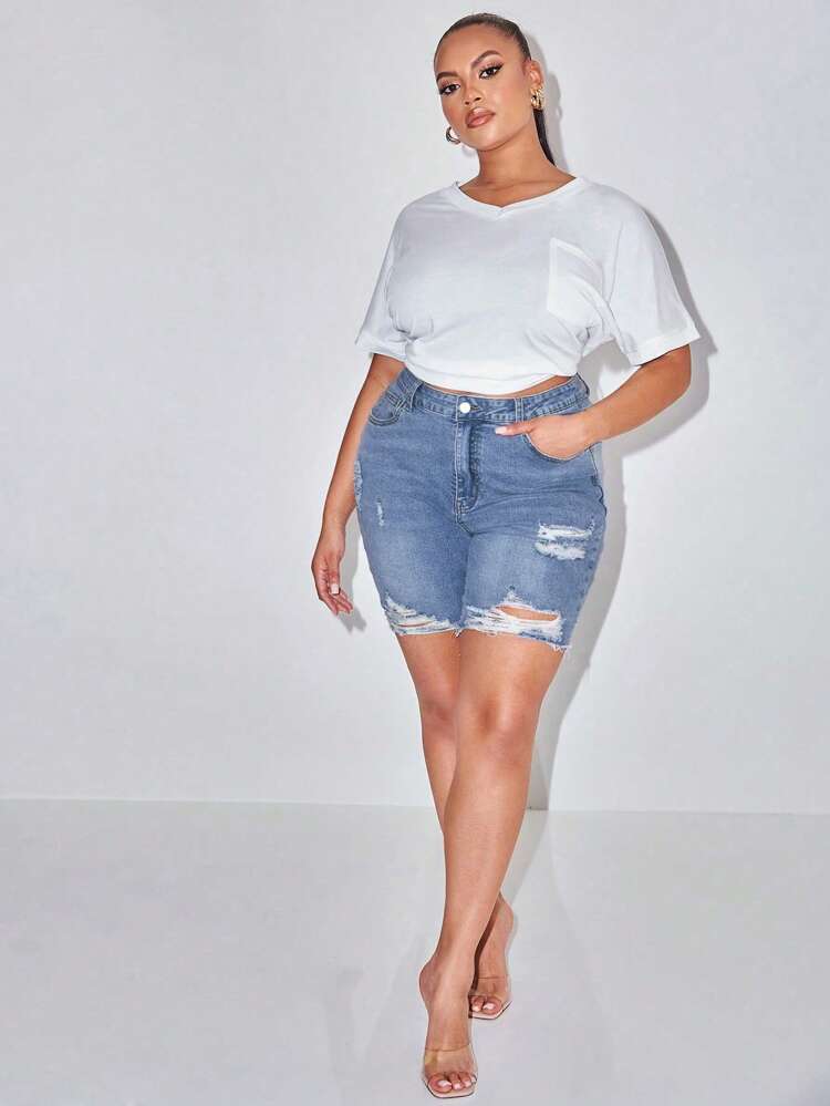 Plus Size Ripped Raw Hem Denim Shorts Mom Shorts Spring Outfits For Women Festival Outfits Elegant Casual Biker Shorts