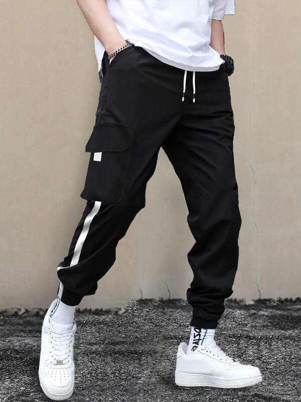 Manfinity Homme Men's Loose Fit Flap Pockets Drawstring Waist Cargo Pants With Contrast Side Stripe, Long Vacation Color Block Pants, For Husband, Boyfriend Gifts, For Fall