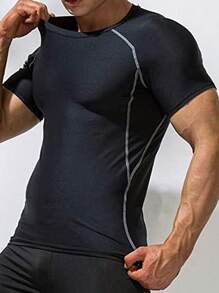 Men Contrast Top-stitching Raglan Sleeve Sports Tee - Black - View 1