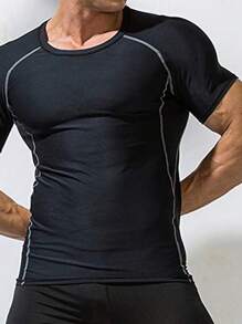 Men Contrast Top-stitching Raglan Sleeve Sports Tee - Black - View 5
