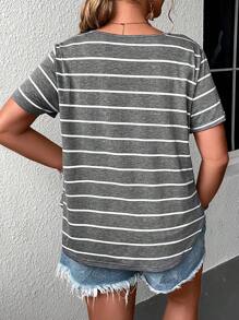 SHEIN LUNE Plus Striped Print V Neck Tee - Grey - View 2