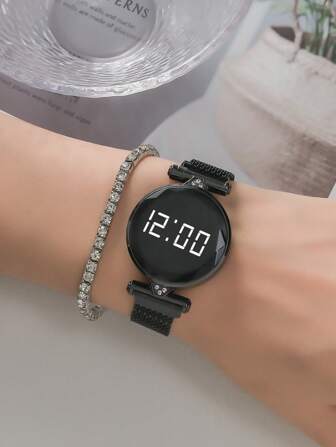 1入組黑色不銹鋼帶時尚水鑽裝飾圓形錶盤數字手錶和1入組手環,適用於日常生活