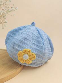 1pc Baby Beret Cap With Small Flower Decoration, For Spring And Autumn - Blue - View 1