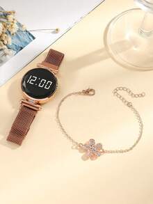 1 件网状表带圆形电子表和 1 件手链作为返校学生的礼物 - 玫瑰金 - 查看 2