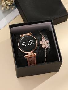 1 件网状表带圆形电子表和 1 件手链作为返校学生的礼物 - 玫瑰金 - 查看 3