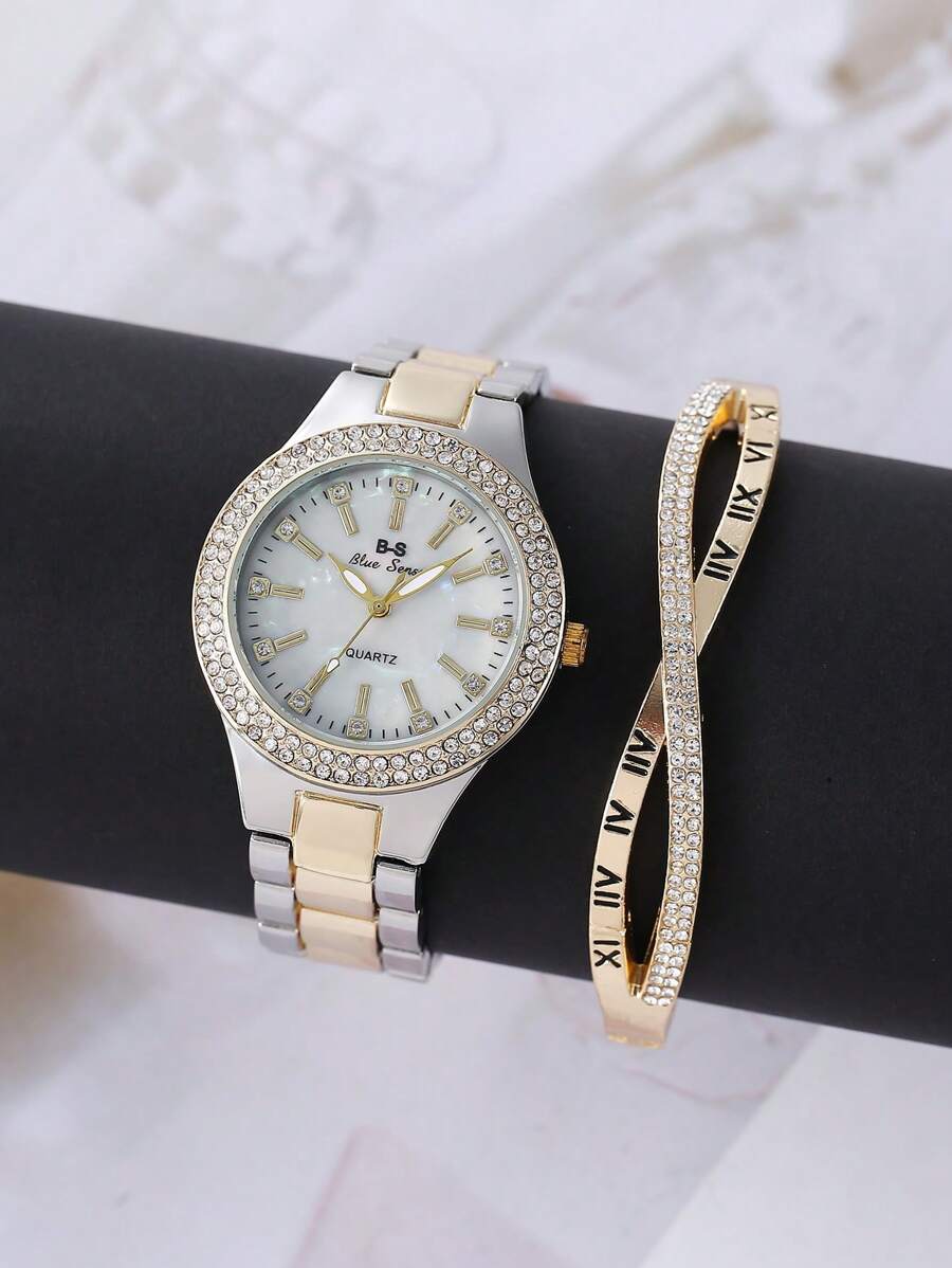BAOSHIHOME 1pc Women Two Tone Stainless Steel Strap Glamorous Rhinestone Decor Round Dial Quartz Watch & 1pc Bangle, For Daily Life - Multicolor - View 1