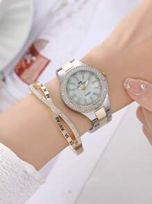 BAOSHIHOME 1pc Women Two Tone Stainless Steel Strap Glamorous Rhinestone Decor Round Dial Quartz Watch & 1pc Bangle, For Daily Life - Multicolor - View 2