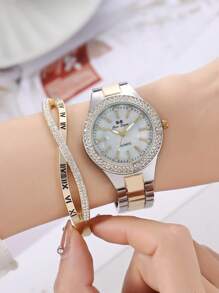 BAOSHIHOME 1pc Women Two Tone Stainless Steel Strap Glamorous Rhinestone Decor Round Dial Quartz Watch & 1pc Bangle, For Daily Life - Multicolor - View 3