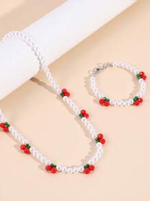 儿童樱桃珍珠串珠首饰套装，1 条项链和 1 条手链，夏季假期首选