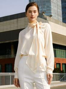 MOTF PREMIUM SILK TIE-NECK SNAKESKIN BLOUSE - Beige - View 3