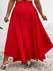 SHEIN Holidaya Plus Solid Buckle Detail Skirt - Red - View 2