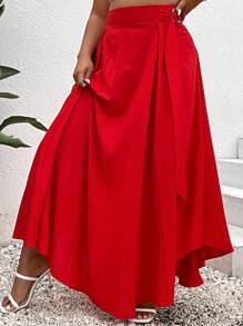 SHEIN Holidaya Plus Solid Buckle Detail Skirt - Red - View 4
