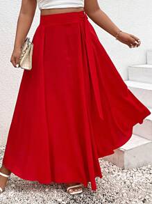 SHEIN Holidaya Plus Solid Buckle Detail Skirt - Red - View 5
