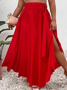 SHEIN Holidaya Plus Solid Buckle Detail Skirt - Red - View 6