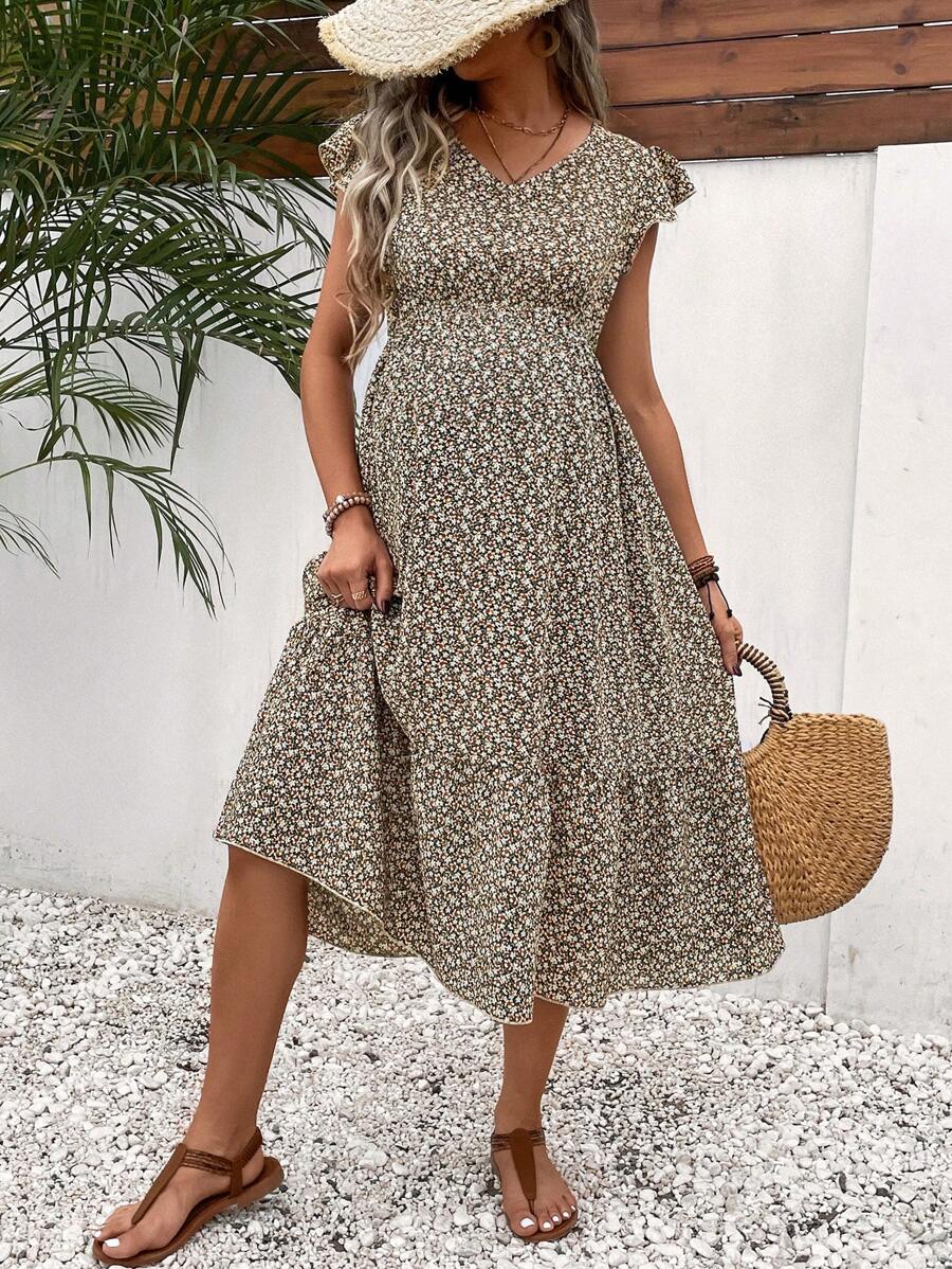 SHEIN Maternity Ditsy Floral Print Ruffle Hem Dress - Multicolor - View 1