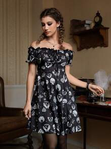 ROMWE Academia Skull Print Off Shoulder Dress - Black - View 3