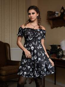 ROMWE Academia Skull Print Off Shoulder Dress - Black - View 6