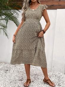 SHEIN Maternity Ditsy Floral Print Ruffle Hem Dress - Multicolor - View 3