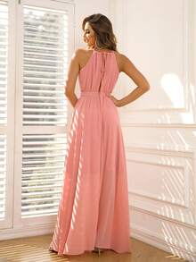 Joyfunear Đầm Lộ Lưng Cắt ra Buộc lại màu trơn Giải trí - Màu Hồng  San hô - Xem 2