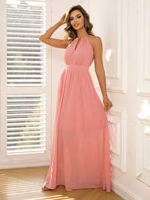 Joyfunear Đầm Lộ Lưng Cắt ra Buộc lại màu trơn Giải trí - Màu Hồng  San hô - Xem 4