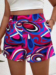 SHEIN Clasi Plus Allover Print Slant Pocket Shorts - Multicolor - View 1
