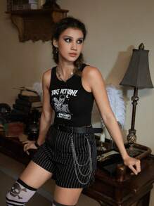 ROMWE Academia Striped Print Chain Shorts With Belt