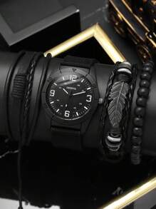 4 件装时尚商务休闲复古百搭男士石英表，圆形表盘，配套 PU 皮革手链套装，适合送礼，姐妹情人节礼物套装 - 黑色 - 查看 1