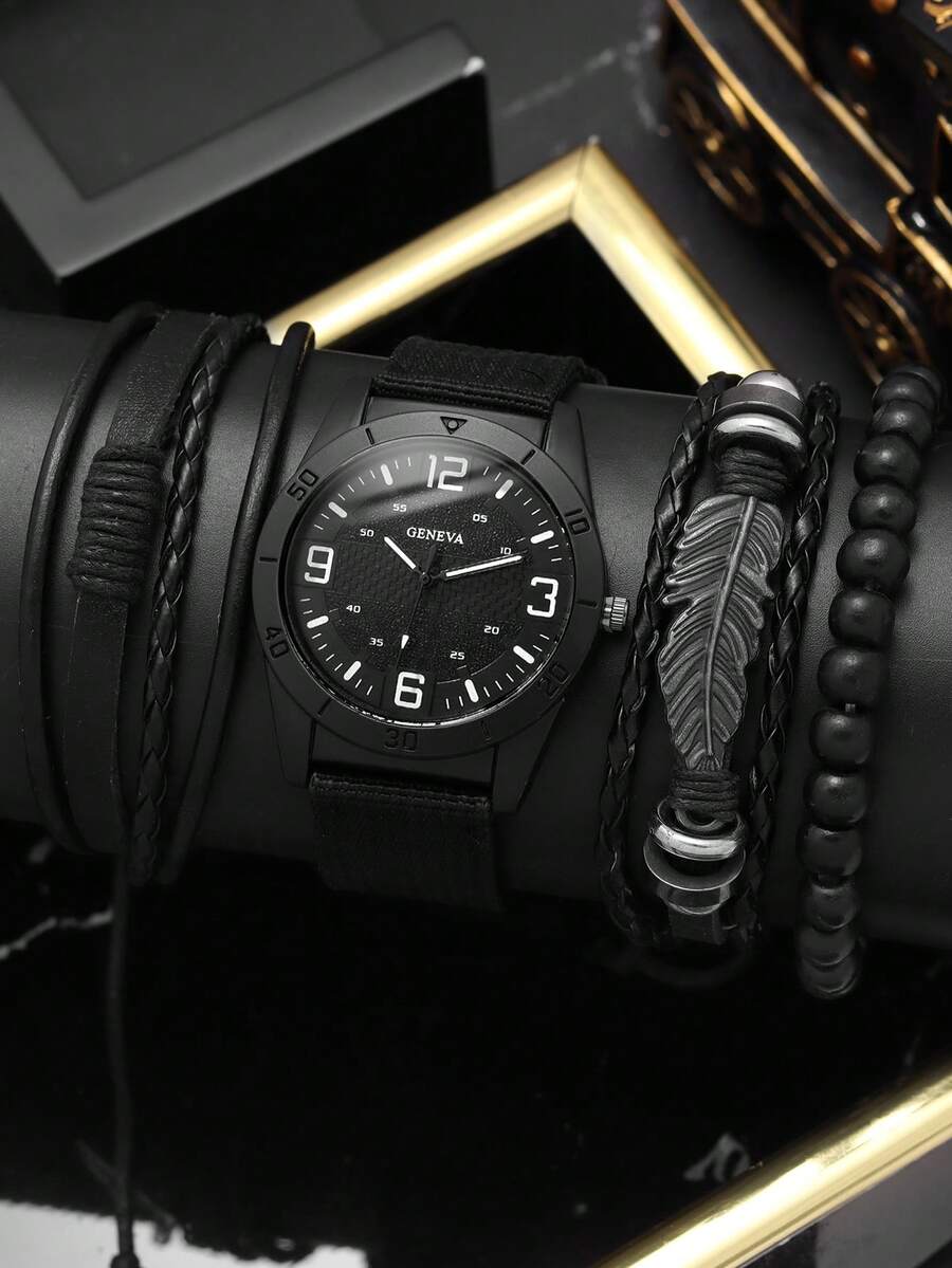 4 件装时尚商务休闲复古百搭男士石英表，圆形表盘，配套 PU 皮革手链套装，适合送礼，姐妹情人节礼物套装 - 黑色 - 查看 1
