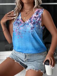 SHEIN LUNE Plus Floral Print Tank Top - Blue - View 4