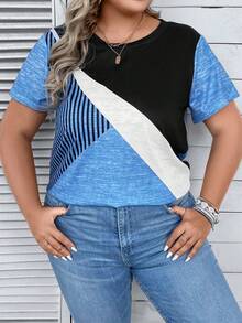 SHEIN LUNE 大碼條紋印花撞色T恤 - 藍色 - 查看 3