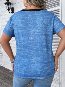 SHEIN LUNE 大碼條紋印花撞色T恤 - 藍色 - 查看 2