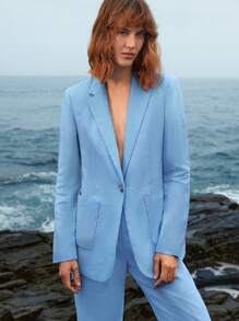 MOTF PREMIUM 純亚麻單排扣西裝外套 - 淺藍色 - 查看 2