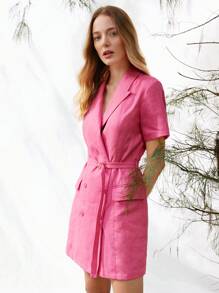 MOTF PREMIUM PURE LINEN BELTED BLAZER DRESS - Pink - View 4