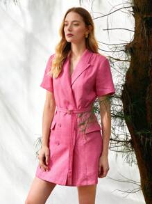 MOTF PREMIUM PURE LINEN BELTED BLAZER DRESS - Pink - View 3
