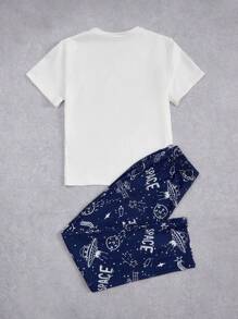 SHEIN Tween Boy Flame Retardant Casual Printed Short-Sleeve Tee With Pocket And Printed Straight-Leg Long Pants Pajama Set