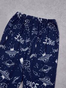 SHEIN Tween Boy Flame Retardant Casual Printed Short-Sleeve Tee With Pocket And Printed Straight-Leg Long Pants Pajama Set