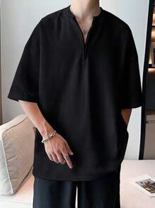 Manfinity Hypemode Camiseta De Media Cremallera Para Hombres Con Hombros Caídos Y Ajuste Holgado De Color Sólido - Negro - Ver 1