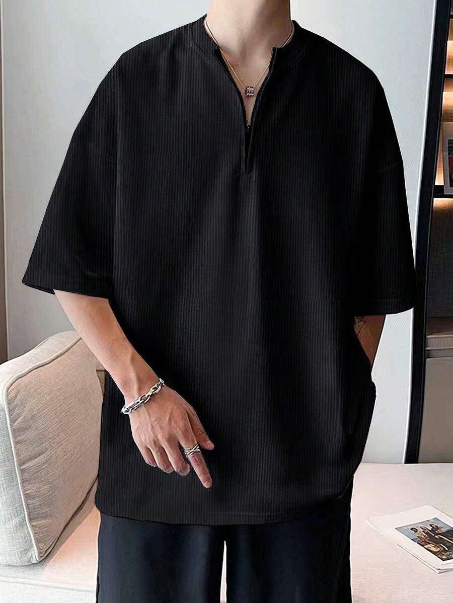 Manfinity Hypemode Camiseta De Media Cremallera Para Hombres Con Hombros Caídos Y Ajuste Holgado De Color Sólido - Negro - Ver 1