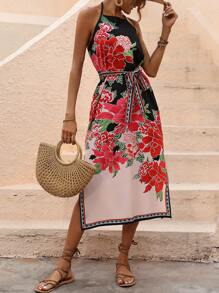 SHEIN VCAY 印花腰帶掛脖洋裝 - 彩色 - 查看 3