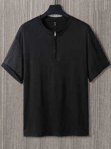 Manfinity Hypemode Camiseta De Media Cremallera Para Hombres Con Hombros Caídos Y Ajuste Holgado De Color Sólido - Negro - Ver 2