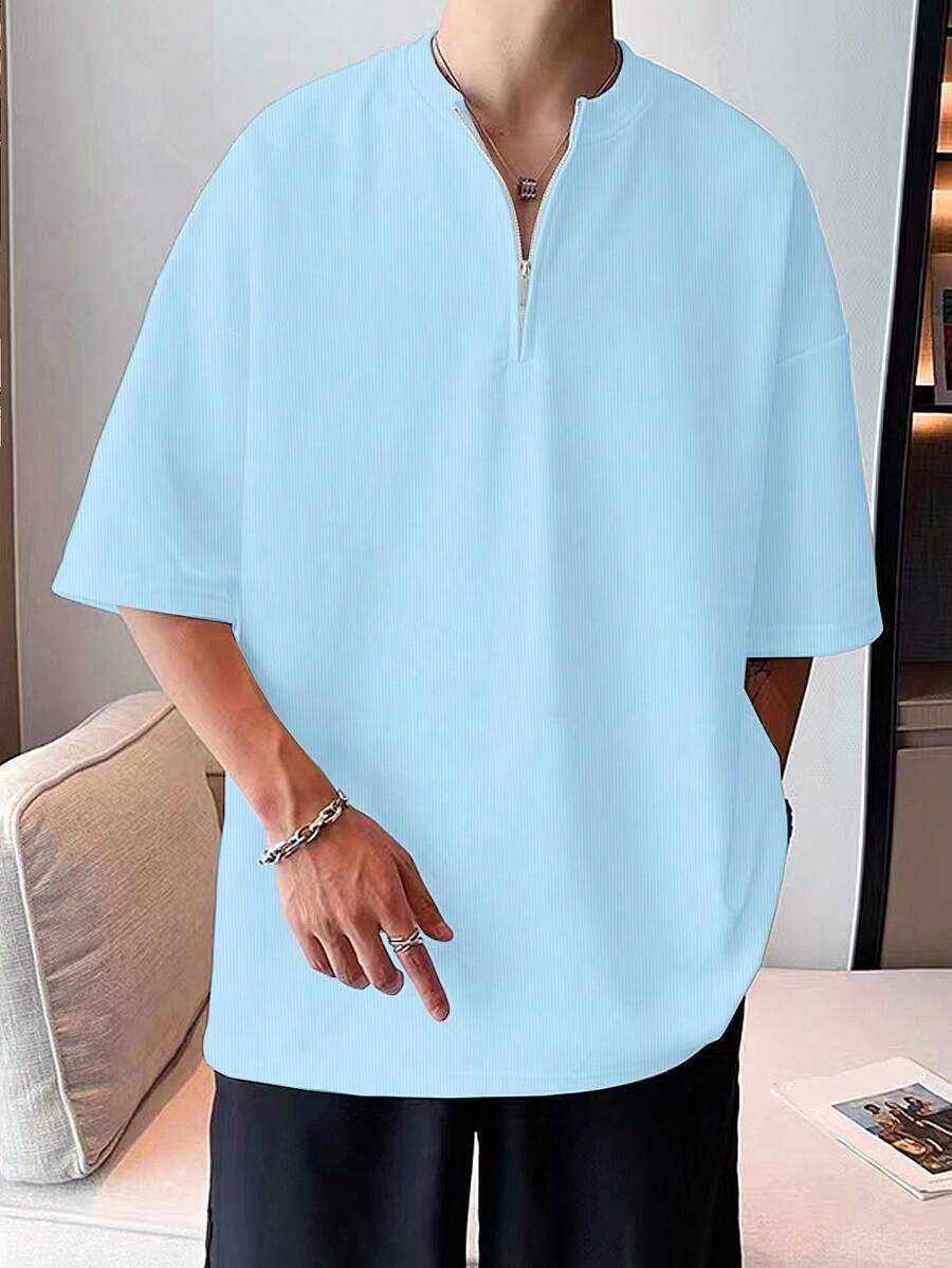 Manfinity Hypemode 男士半拉鏈落肩T恤 - 淺藍色 - 查看 1