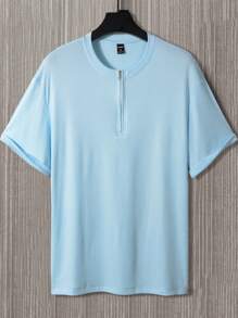 Manfinity Hypemode 男士半拉鏈落肩T恤 - 淺藍色 - 查看 2