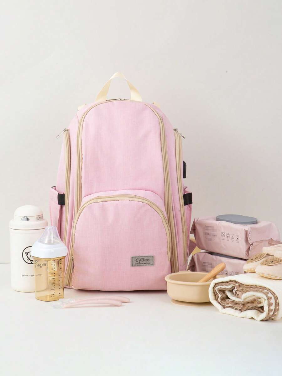 嬰兒多功能大容量防水可調整肩帶拉鍊尿布包適用於戶外 - 粉色 - 查看 1