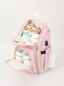 嬰兒多功能大容量防水可調整肩帶拉鍊尿布包適用於戶外 - 粉色 - 查看 2